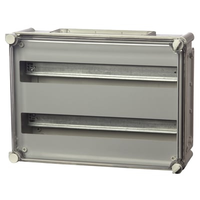 Fibox DIN-skinnekasse PEPD-2, 280x380x130 mm, viser 2 x 19 moduler og IP65-klassificering med klare låse.