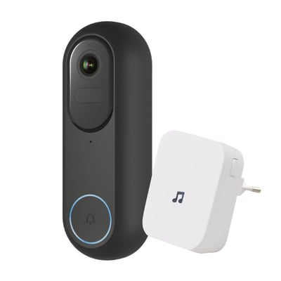 Foss Europe FESH smart videodørklokke med lydgiver i sort og hvid, vist samlet med kameraenhed og lydgiver.