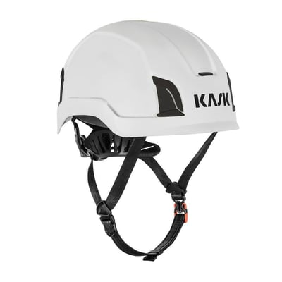 Hvid Kask Zenith X MAX sikkerhedshjelm i størrelse 60-66 cm, set skråt fra siden med sort hagerem.
