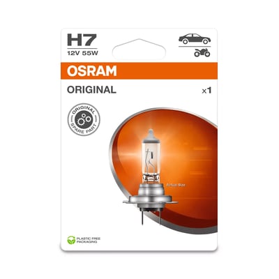 Osram Original H7 forlygtepære 12V 55W PX26D. Pakken viser en enkelt pære og et mærke for plastfri emballage.