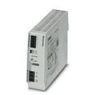 Sidevisning af Phoenix Contact TRIO POWER DC strømforsyning, 24V DC, 10A, med detaljeret mærkning og kølefinner.