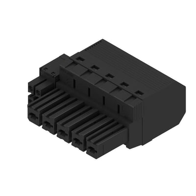 Weidmüller hybrid connector til ledning og printplade med fem poler, PUSH IN-tilslutning og aktuator, set skråt forfra.