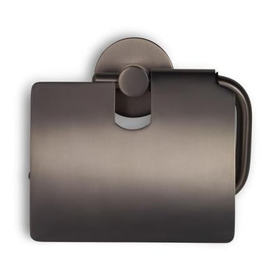 Elegant toiletrulleholder med låg i gun metal finish, vist forfra med tydeligt synlig låsemekanisme.