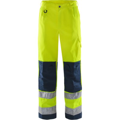 Kansas HI VIS bukser KL2 2001 i gul og marineblå med reflekser, viser fronten med flere lommer og knæforstærkninger.