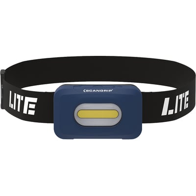 Nærbillede af Scangrip HEAD LITE S pandelampefronten, der viser den mørkeblå enhed med gul COB LED lyskilde og grå kant.
