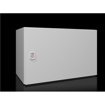 Rittal vægkabinet AX IT, 600x380x350mm, med grå overflade og et synligt låsebeslag til venstre side.