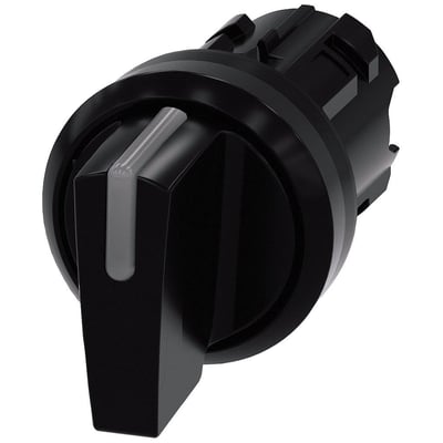 Siemens Sirius Act omskifter med 22mm rund, sort plast og en grå drejeknap på hvid baggrund.