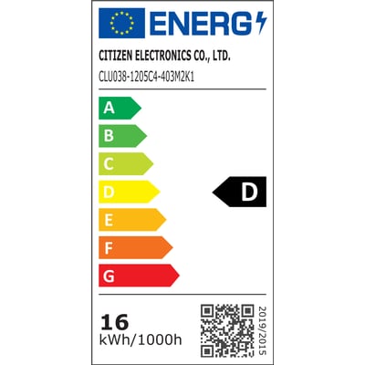 Energimærke D for LED-modul CLU038-1205C4-403M2K1 fra Citizen Electronics, viser 16 kWh/1000h.