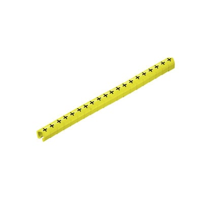 Weidmüller kabelkodningssystem i gul med gentagne plussymboler til mærkning af ledere på 3–4 mm.