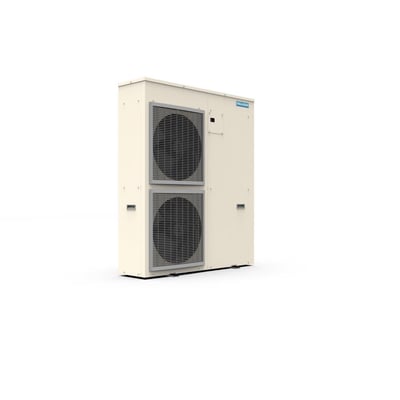 Eco2boost XS-2T CO2-kondenseringsenhed i lys kabinetform med to store ventilatorgitre, set let fra siden.