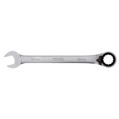 Tecos ringskraldenøgle med 19 mm størrelse og 230 mm længde, fremstillet af metal med synlig skraldefunktion.