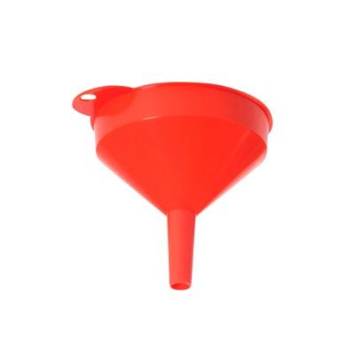 Rød Hallbauer tragt med 150mm diameter, fast udløb og uden si, lavet af polyethylen.