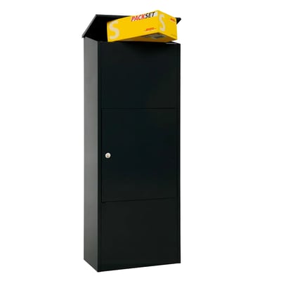 MEFA Bosca 408 postkasse i sort med en gul DHL pakke placeret på toppen.