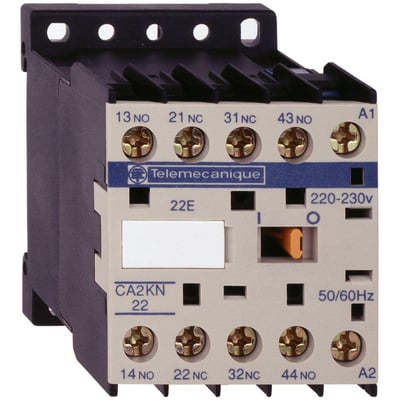 Sidebillede af Telemecanique relæ 22E, identisk med Schneider Electric CA2KN22P7, vist med 220-230V mærkning.