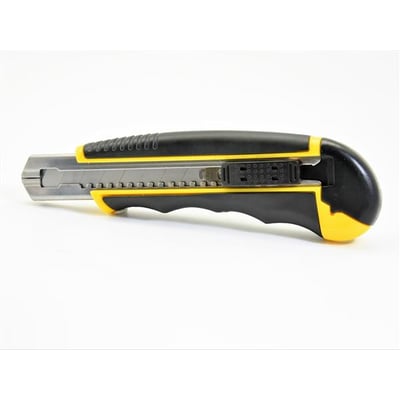 Ironside knæk-af-kniv med 18 mm klinge og autolås, sort og gul med metalhus og ergonomisk greb.