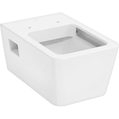 Frontskråbillede af det hvide Hansgrohe EluPura Original Q hængetoilet, der fremhæver dens minimalistiske design og skyllerandfri kumme.