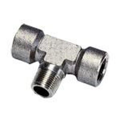 Parker T-stykke i messing med R1/2 indvendigt BSPT og G1/2 udvendigt BSPP gevind, ROHS-godkendt.