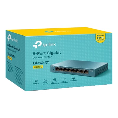 TP-LINK LiteWave LS108G 8-ports Gigabit desktop switch vist på den gule emballage med tydelig produktnavn og features angivet.