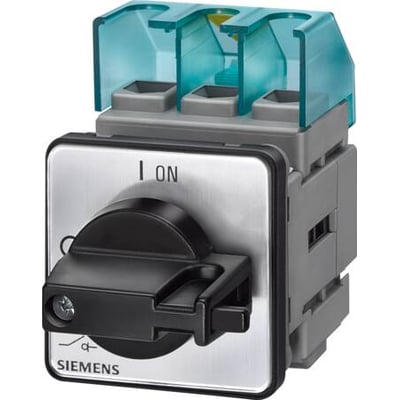 Siemens 3-polet hovedafbryder 32A AC-3, 400V med sort drejegreb og klar beskyttelsescover til terminalerne.