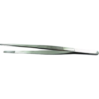 Steritool kirurgisk pincet i rustfrit stål med 140 mm længde, afrundet spids og savtakkede gribekæber.