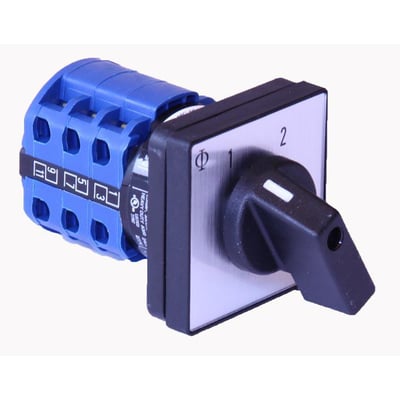 Kraus & Naimer omskifter, 3-polet 20A med 48x48mm front og sort drejehåndtag. Kontaktblokken har blå terminaler og numrene 1, 2, 3, 5, 7, 9, 11.