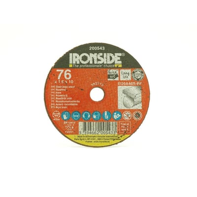 Ironside plan skæreskive til rustfrit stål med orange mærkat, 76 x 1,0 x 10 mm, set forfra.