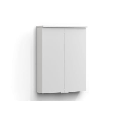 Hvidt Svedbergs Bloc spejlskab med to spejllåger og LED-lys langs overkanten, set let fra siden; 55 x 72 x 15 cm.