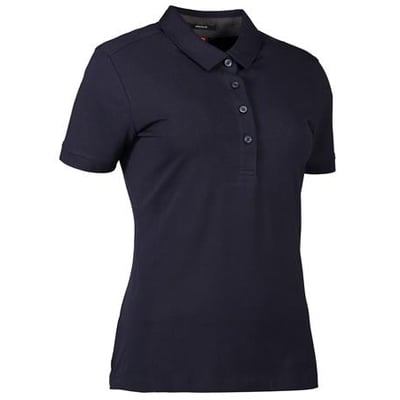 ID Identity navy stretch polo til damer med skjortekrave, knaplukning og kort ærme, vist på hvid baggrund.