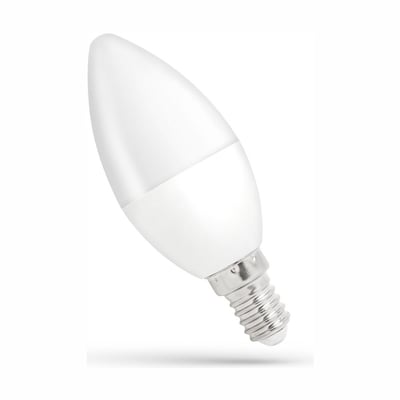 SpectrumLED E14 8W C37 LED-kertepære med hvidt pærehoved og sølvfarvet skruefatning, set skråt fra siden.