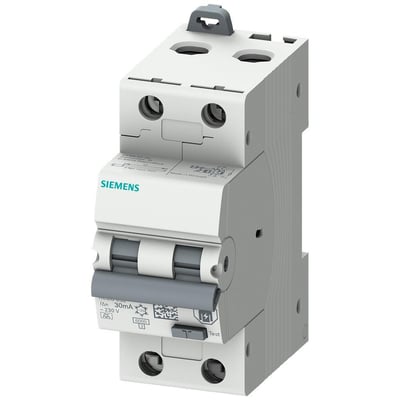 Siemens RCBO SENTRON 5SU1 2P 10A B-kurve fejlstrømsafbryder med 30mA udløsning og 6 kA brydeevne.