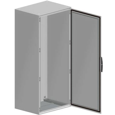 Schneider Electric Spacial SM gulvskab i grå RAL 7035, 2000x600x300 mm, med åben dør og monteringsplade synlig indeni.