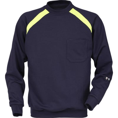 Detaljebillede af Kansas Flamestat sweatshirt i marineblå, viser brystlomme og certificeringssymboler på ærmet.