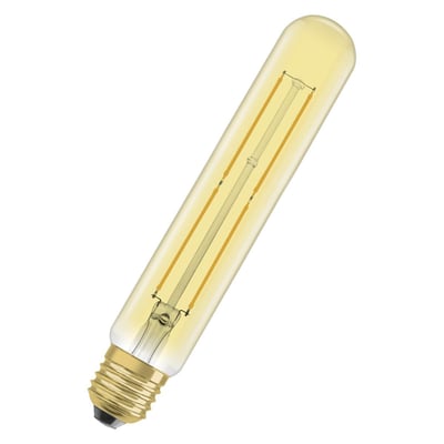 Ledvance 1906 tubular LED-pære i ravfarvet glas med E27 fatning og synlig filament-tråd.