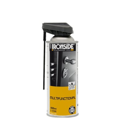 Ironside universaloliespray på 400 ml med sort sprayhoved og påsat forlængerrør.