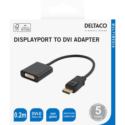 Sort Deltaco DisplayPort til DVI-D Single Link-adapter på emballage med et kabel på 0,2 meter.