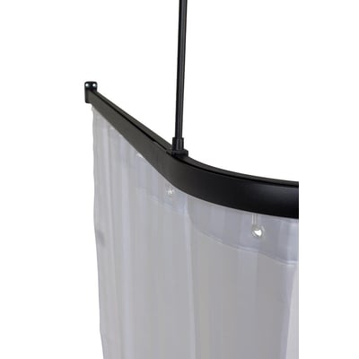 Matsort bruseforhængsstang i aluminium med loftmontering og hvidt stribet bruseforhæng.