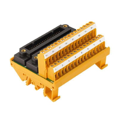 Weidmüller interface-modul med spændeklemmer og 40-polet stik, set skråt ovenfra med orange terminalrækker.