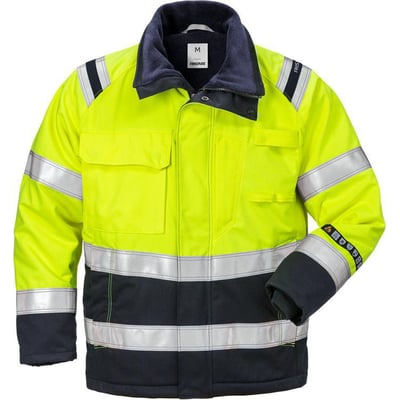 Kansas Flamestat vinterjakke 119923 i gul/marine, str. XL, vist med åben lynlås og fleece krave.