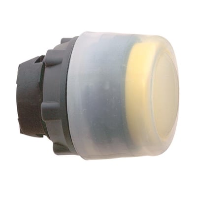 Schneider Electric trykknaphoved ZB5, gul, ophøjet design med sort base og 22mm diameter, isoleret på hvid baggrund.