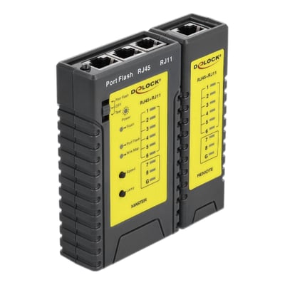 DeLock kabeltester til RJ45- og RJ12-forbindelser med portfinder, vist som to sorte og gule testenheder.