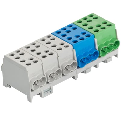 HLAK klemmer fra Pollmann med flere farvede sektioner: grå, blå og grøn, designet til tilslutning af aluminium og kobberledere op til 1000V.