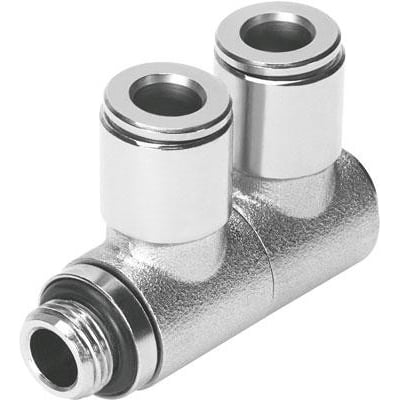 Festo multifordeler NPQM-LFK-G14-Q8-P10 i metal med to udtag og en gevindtilslutning, med push/pull princip.