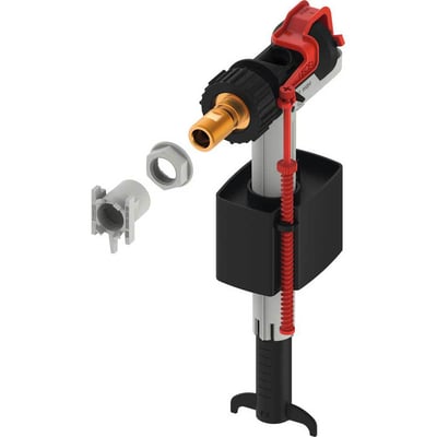 TECE F10 universal svømmeventil i opdelt visning, der viser samlingsdele som messingnippel og plastadapter.