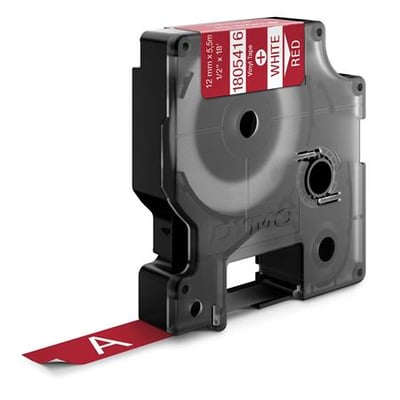 Dymo Rhino vinyltape kassette med 12 mm bred, rød tape med hvid tekst, velegnet til industriel brug.