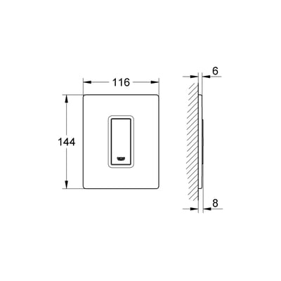 Teknisk tegning af Grohe Skate Cosmopolitan urinal betjeningsplade i krom med dimensioner 116x144 mm og dybdevisning.