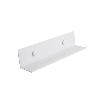 Hvid Svedbergs-hylde i aluminium, 325 x 75 x 75 mm, set skråt forfra med bagplade og to runde monteringsbeslag.