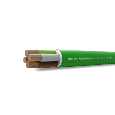 Detaljeret visning af RZ1-K 4x16 Dca kabel med grøn, halogenfri kappe og fire fleksible kobberledere. Tekst på kappen angiver specifikationer.