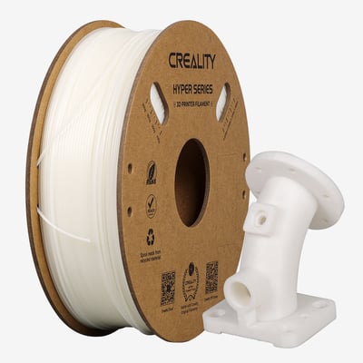 Hvidt CR-ABS-filament til 3D-printer på spole ved siden af en hvid 3D-printet komponent; 1,75 mm, 1 kg.