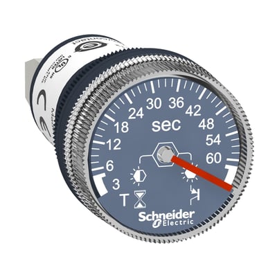 Schneider Electric Harmony timer med forsinket tiltræk, 24VDC, 22mm front, og tidsindstilling fra 3-60 sekunder med rød viser.