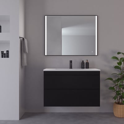 Loevschall Nyborg spejl med sort ramme på 100x75 cm, med to oplyste lysfelter og integreret touch-knap.